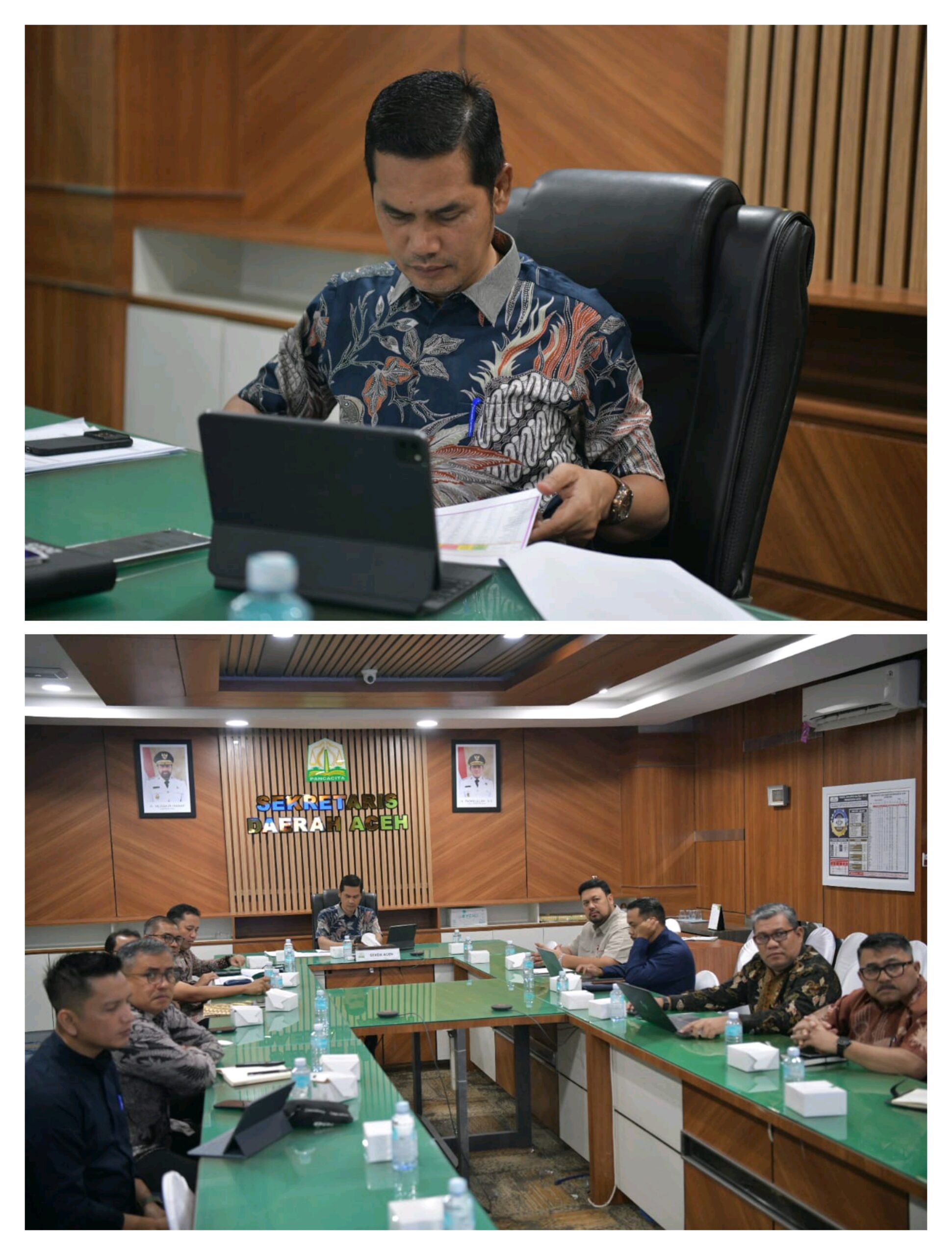 Sekda Aceh, M. Nasir didampingi Para Kepala SKPA Rapat Penyampaian Rencana Kerja Dukungan Rehabilitasi Lintas K/L dengan Kemenko Infrastruktur RI secara Zoom Meeting diruang rapat Sekda Aceh, Kantor Gubernur Aceh, Kamis/08/01/2026.