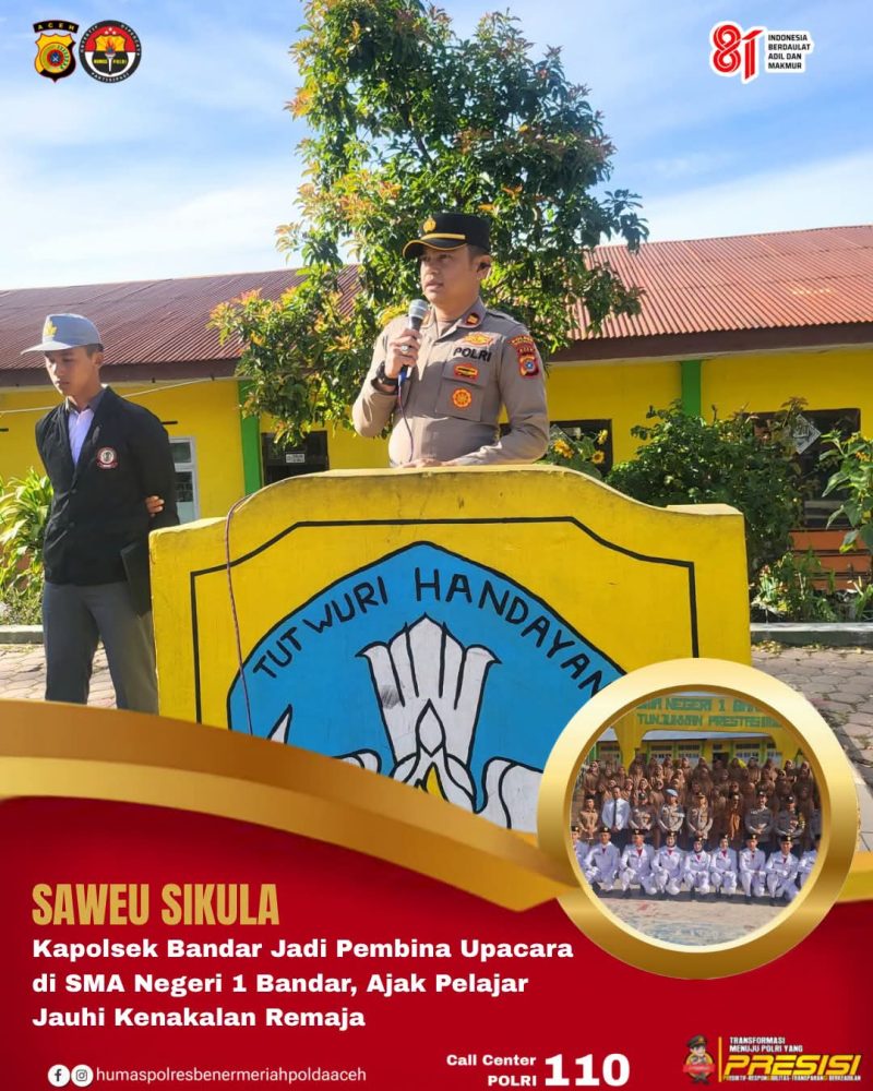 Ket Foto: Kapolsek Bandar Polres Bener Meriah IPTU Dede Moerdhany, S.H., saat menjadi pembina upacara bendera di SMA Negeri 1 Bandar, Kecamatan Bandar, Senin (31/8/2026).dok: Ist 